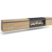 Skraut Home COZY Meuble TV, Banc Télé, 288x35x45cm, TV grand format, Cheminée électrique XXL, Suspendu, Mural, Chêne et noir