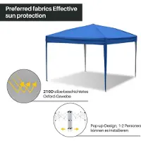 Aopunly Pavillon Pliable 3x3m Bleu Tente de réception protection UV réglable en hauteur avec sac de transport, pour extérieur jardin camping Sans parois latérales