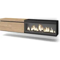 Skraut Home COZY Meuble TV, Banc Télé, 208x35x45cm, Pour les TV jusqu'à 80", Cheminée électrique XXL, Suspendu, Mural, Chêne et noir