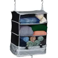 Relaxdays Organiseur de bagages à suspendre, dimensions : 55 x 44 x 30 cm, organiseur de valise pliable, 4 compartiments, cube de rangement portable, gris