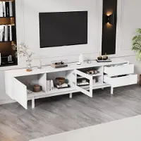 MODFU Meuble TV Pour Salon Avec 2 Portes Et 2 Tiroirs, Espace De Rangement Optimisé, Compatible TV 80 Pouces, MDF Et Verre Trempé, 200 x 40 x 50,5 cm, Blanc