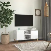 Prolenta Meuble TV exclusif, pieds en bois massif, finition blanc brillant, dimensions : 103,5 x 35 x 50 cm