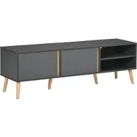 HOMCOM Meuble TV banc TV pour télévision jusqu'à 55 pouces design scandinave 2 portes 2 niches avec passe-câbles 150 x 35 x 45 cm gris foncé