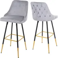 Mendler 2x tabouret de bar HWC-E70, chaise de bar/comptoir, design rétro, velours, haubans/pieds dorés gris