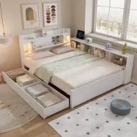 OKWISH Lit Double 140x200 cm - Avec Rangement, Tiroirs Sous le Lit et Lumière LED, MDF Blanc - Sans Matelas