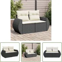 The Living Store Canapé de jardin avec coussins 2 places noir Poly rotin
