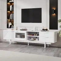 Merax TV Lowboard 200cm avec 2 portes et 2 tiroirs, Armoire TV jusqu'à 80 pouces, Tableau TV avec étagères ouvertes, Design moderne, Blanc