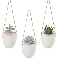 Relaxdays Lot de 3 vases muraux , pot suspendu à l'intérieur, avec cordon de suspension, pot suspendu, pour plantes et fleurs, céramique, blanc