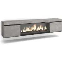 Skraut Home COZY Meuble TV, Banc Télé, 208x35x45cm, Pour les TV jusqu'à 80", Cheminée électrique XXL, Suspendu, Mural, Ciment