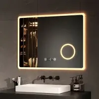Emke Miroir de salle de bain miroir mural LED 80x60cm avec interrupteur tactile grossissement miroir de maquillage 3 couleurs de lumière et antibuée horloge