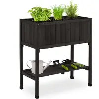 Relaxdays : bac surélevé, film plastique, tablette, H x l x P : 80 x 74 x 38 cm, jardin, balcon et terrasse, table de jardinage, bois de sapin, noir