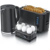 Arendo Breakfast Set Bouilloire 1,5l, Grille-pain 4 tranches, Cuiseur d'oeufs à 6 compartiments, Noir