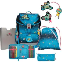 DERDIEDAS sac d'école ErgoFlex Exklusiv LED Schulranzenset 5 pièces Rainbow Star turquoise
