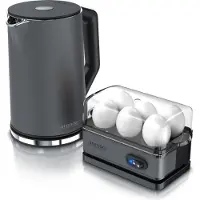 Arendo set petit déjeuner, 6 cuiseurs à oeufs SIXCOOK, 1,5L bouilloire en acier inoxydable, Gris