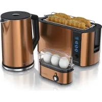 Arendo Set de petit déjeuner 3 pièces, grille-pain à fentes longues 4 disques, bouilloire 1,5l, cuiseur à œufs 3 pièces, cuivre