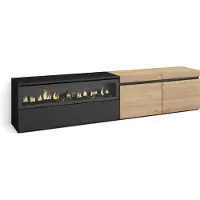 Skraut Home COZY Meuble TV, Banc Télé, 200x35x45cm, Pour les TV jusqu'à 80", Cheminée électrique, Chêne et noir