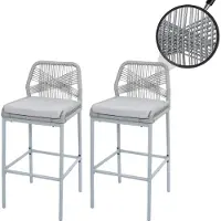 Mendler Lot De 2 Tabourets De Bar Rope Hwc-O21, Outdoor Assise Rembourrée Corde Tressée Métal Gris Clair, Coussin Gris Clair