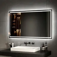 Emke Miroir de salle de bain LED avec éclairage 100X60 cm anti-buée, miroir mural miroir de salle de bain avec interrupteur mécanique, couleurs de lumière 3000K/6500K, IP44