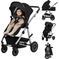 Lionelo Amber Poussette combinée 2 en 1, Set avec siège sportif, nacelle fixe, sac, moustiquaire, housse feuille de pluie -Black Silver