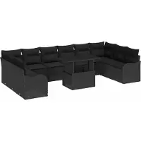 Syfax Ensemble canapé de jardin modulable 10 places, poly rotin noir, cadre acier poudré, table basse/repas réglable en verre trempé, design tissé à la main