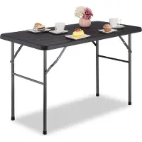 Relaxdays Table de jardin , aspect bois, rectangulaire, H x l x P : 74 x 118 x 60 cm, plastique, métal, table de terrasse pliante, noire