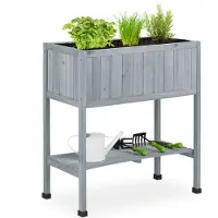 Relaxdays : potager surélevé en bois, bac à plantes sur pilotis, dimensions : 80,5 x 74 x 38 cm, jardin, balcon et terrasse, avec film plastique, gris