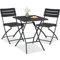 Relaxdays Ensemble de mobilier de balcon , 3 pièces, 1 table et 2 chaises, pliable, salon de jardin aspect bois, acier et plastique, noir