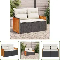 The Living Store Canapé de jardin avec coussins 2 places noir Poly rotin