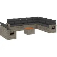 Syfax Ensemble Modulable de Jardin 11 Pcs, Résine Tressée Grise, Coussins Déhoussables, Table en Bois d'Acacia, Résistant aux UV