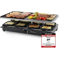 Emerio Grill en pierre Gourmet – Appareil à raclette – 1400 W – 8 personnes – Thermostat réglable – 8 spatules en bois et poêlons inclus – RG-110035