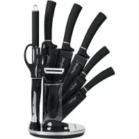 Cheffinger 9 pcs. Set de couteaux de cuisine Support de couteau rotatif en acier inoxydable Set en noir