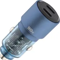 24hShop Auto charger car charger 2x USB-C very powerful for laptop smartphone 90W, Adaptateur pour véhicule, Bleu, Transparent