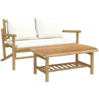 Syfax Salon de jardin 2 pcs avec coussins blanc crème bambou