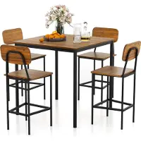 Costway Table de salle à manger avec 4 tabourets de bar, table de cuisine à hauteur de comptoir, cadre métallique, table de salle à manger, set de table de bar 5 pièces, groupe de sièges (brun foncé)