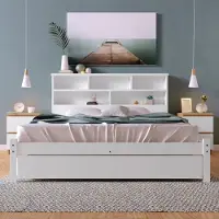 Sweiko Lit en bois massif Lit double 140x200cm avec tiroirs, sommier à lattes et bibliothèque Lit d'adolescent en pin blanc
