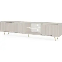 Selsey Bello - Élément TV gris-beige avec façades à lamelles et pieds métalliques dorés, 175 cm