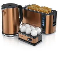Arendo Set petit déjeuner , grille-pain 4 tranches à fentes longues, bouilloire 2200W, cuiseur à oeufs 6 pièces, cuivre