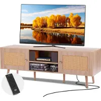 Vevor Meuble TV en Rotin pour Téléviseur 165 cm Banc TV avec Prise Intégrée Chêne