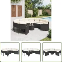The Living Store Canapé de jardin avec table et coussins Rond Noir Poly-Rattan