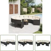 The Living Store Canapé de jardin avec table et coussins Rond Noir Poly-Rattan