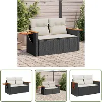 The Living Store Canapé de jardin avec coussins 2 places noir Poly rotin