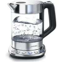 Arendo Bouilloire avec réglage de la température de 70 °C à 100 °C, sélection de la température, verre, acier inoxydable, 1,5 L, 2200 W, fonction de maintien au chaud, socle, argent/transparent