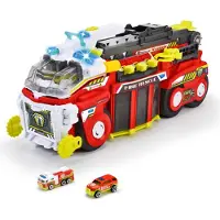 Dickie Toys - Camion de pompier grand (55 cm) - Rescue Hybrids Camion de pompier pour enfants avec fonction d'arrosage, échelle escamotable, son et lumière + 2 petits véhicules