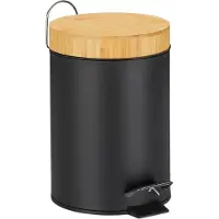 Relaxdays Poubelle de salle de bain , 3 l, poubelle cosmétique à fermeture automatique, couvercle en bambou, seau intérieur amovible, poubelle à pédale, noir