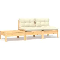 Syfax Salon de jardin 3 pcs avec coussins crème Bois de pin massif
