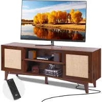 Vevor Meuble TV en Rotin pour Téléviseur 75" Banc TV avec Prise Intégrée Noyer