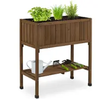 Relaxdays : bac surélevé, film plastique, tablette, H x L x P : 80 x 74 x 38 cm, jardin, balcon et terrasse, table de jardinage, bois de sapin, marron