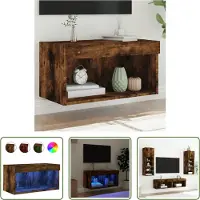 The Living Store Armoire TV avec lampes LED Chêne fumé 60x30x30 cm