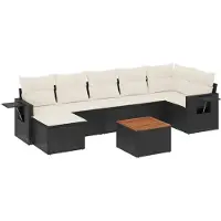 Syfax Ensemble canapé modulable 8 pièces, jardin et terrasse, résine tressée noire, coussins blanc crème déhoussables, table acacia pliable, résistant UV