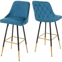 Mendler 2x tabouret de bar HWC-E70, chaise de bar/comptoir, design rétro, velours, haubans/pieds dorés pétrole
